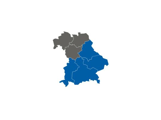 Stumme Karte, Niederbayern, Oberbayern, Oberpfalz und Schwaben markiert