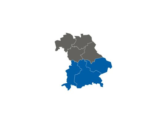 Stumme Karte, Niederbayern, Oberbayern und Schwaben markiert