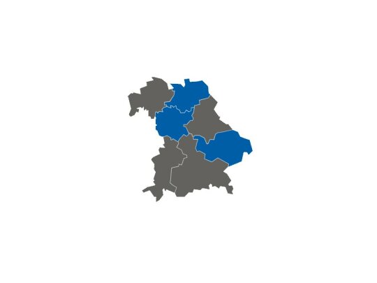 stumme Karte, Mittelfranken, Niederbayern und Oberfranken blau markiert