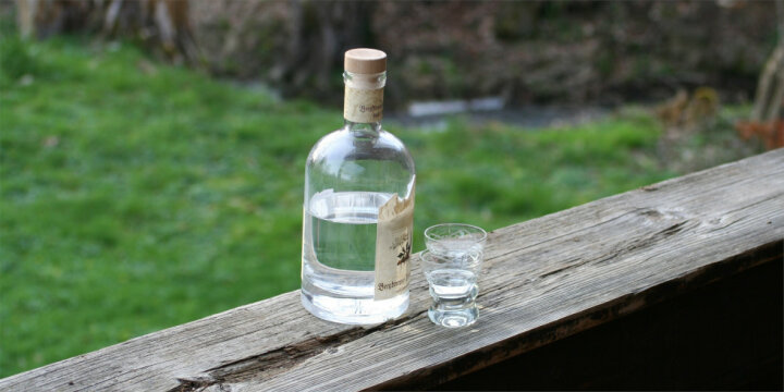 ein Flasche Meisterwurz und zwei Gläser auf einem alten Holzgeländer, im Hintergrund Wiese und Bach