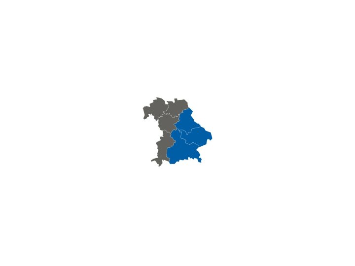stumme Karte, Niederbayern, Oberbayern und Oberpfalz blau markiert