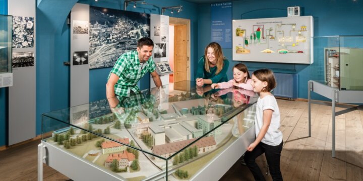 eine vierköpfige Familie an einer Vitrine im Museum 